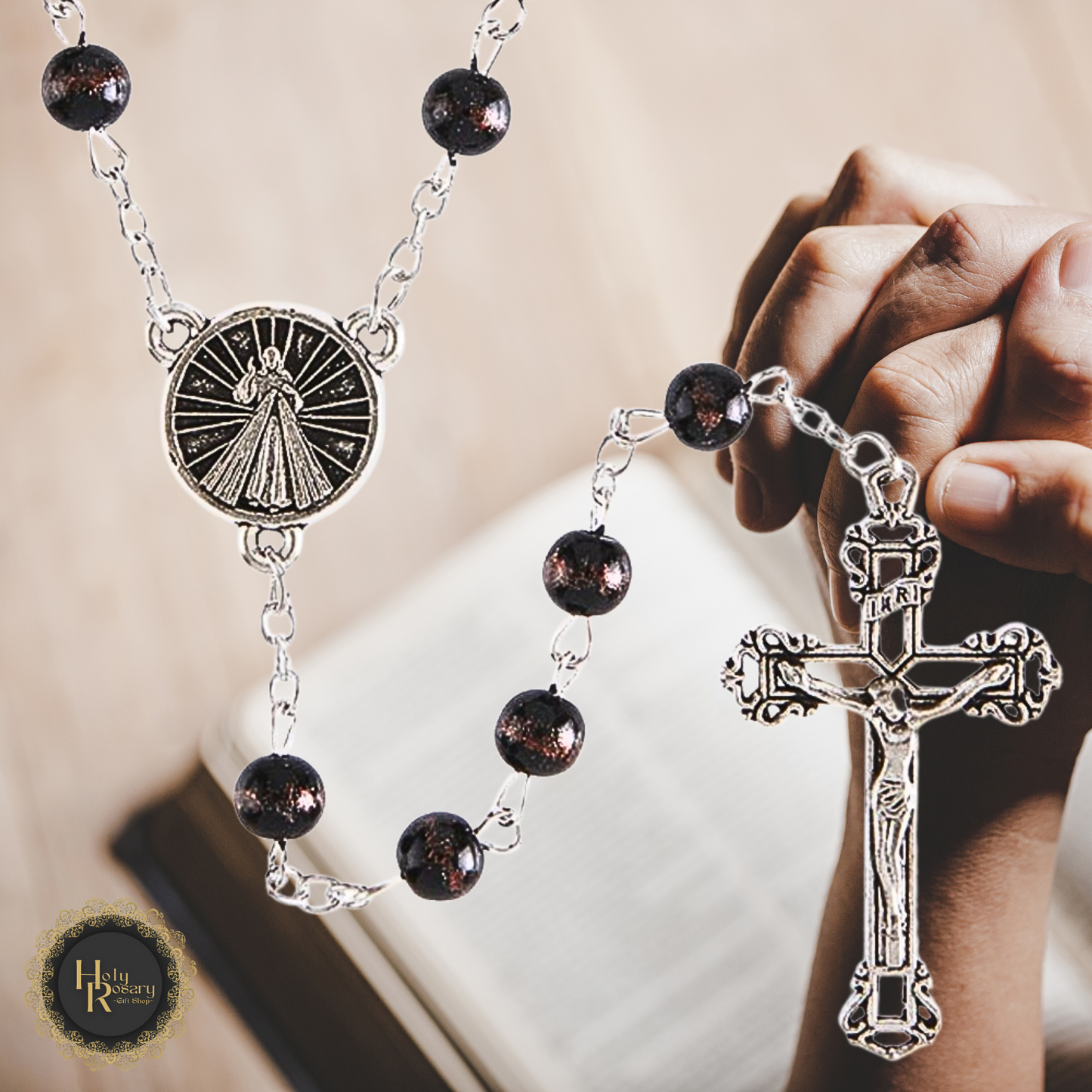 Close-up of Divine Mercy Rosary Beads for sale showing intricate design and beautiful beads