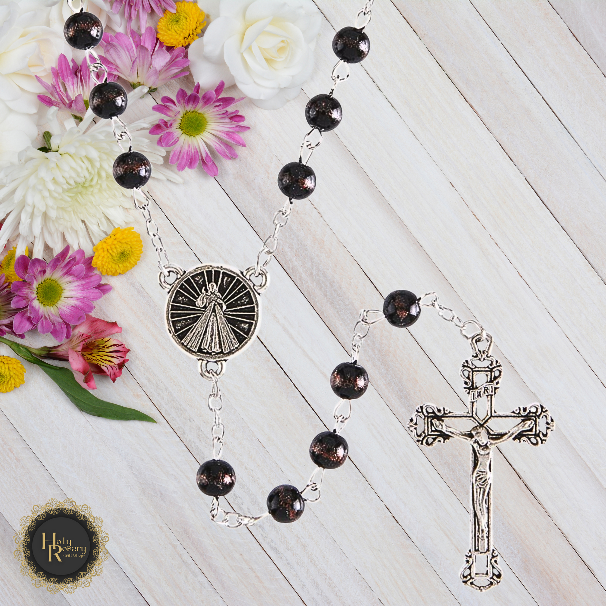 Divine Mercy Rosary Beads for sale with a detailed cross and vibrant beads for prayer and devotion
